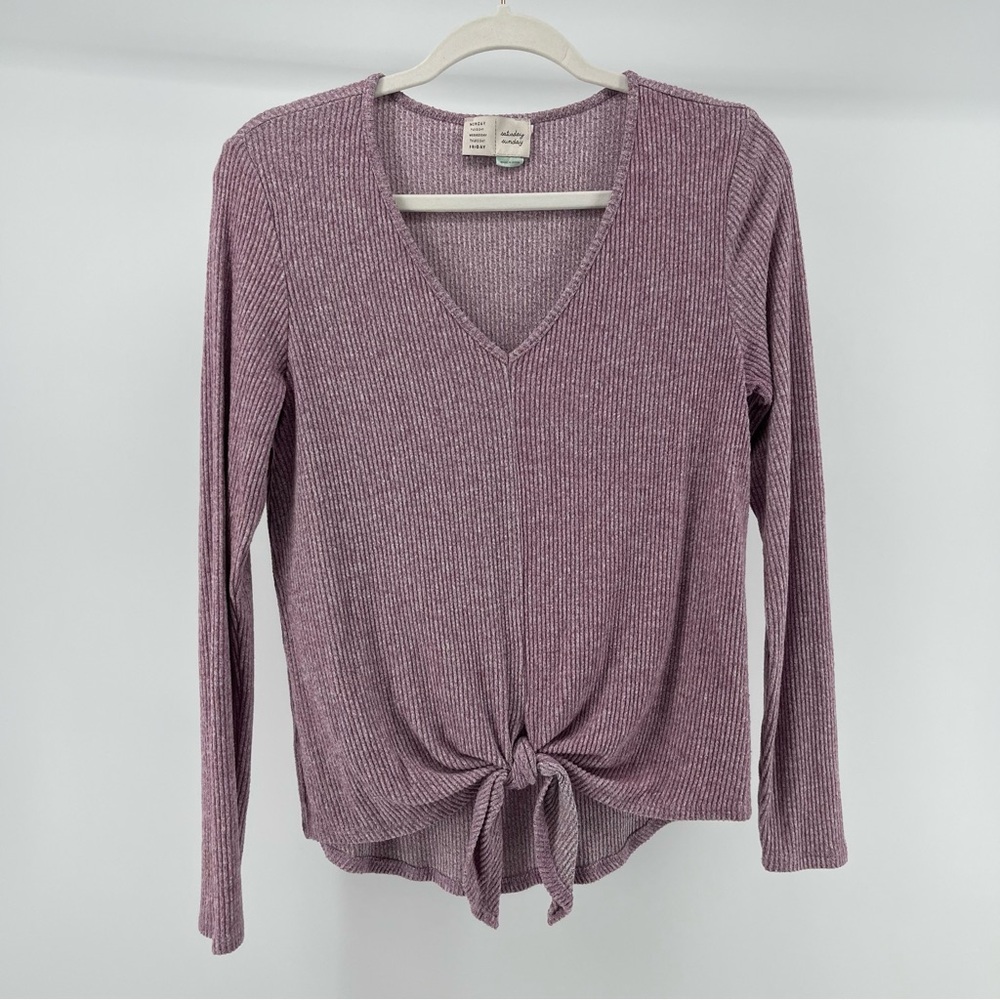 Saturday Sunday Ribbed Knit V-Neck Tie Front Long Sleeve Top, Women's Small